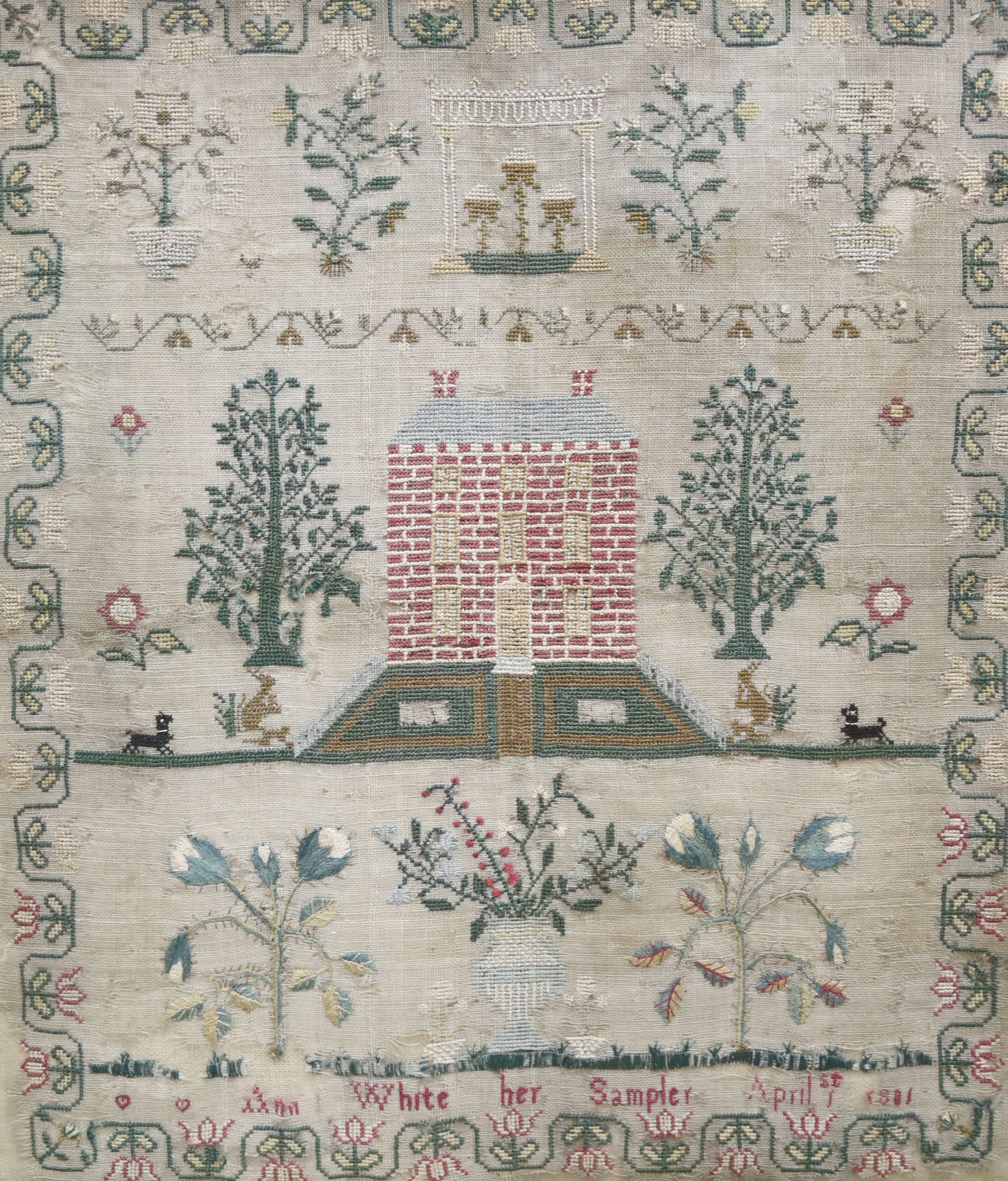 One Victorian sampler and a smaller Georgian sampler, largest 38.5 x 33.5cm